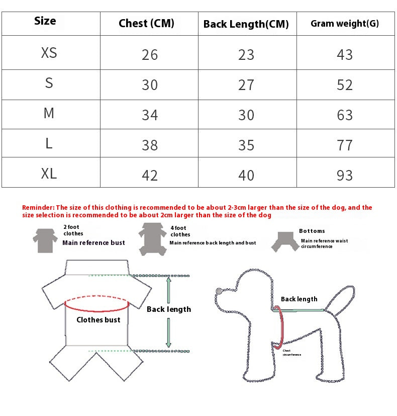 Le Tricot size chart: chest and back length in cm