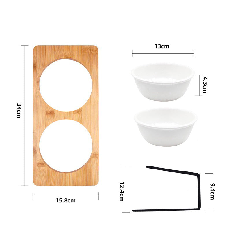 Bamboo board, two ceramic bowls and iron frame with measurements
