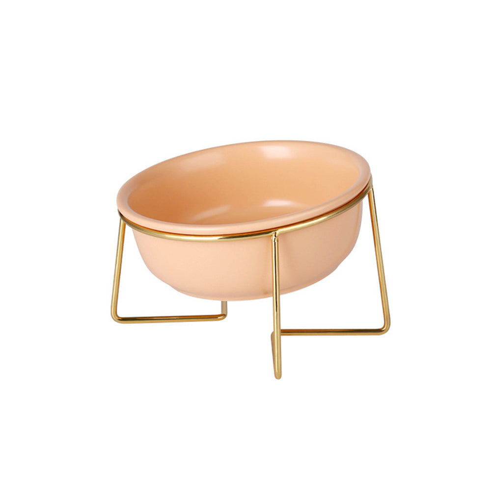 Apricot tilted ceramic cat bowl on a gold stand