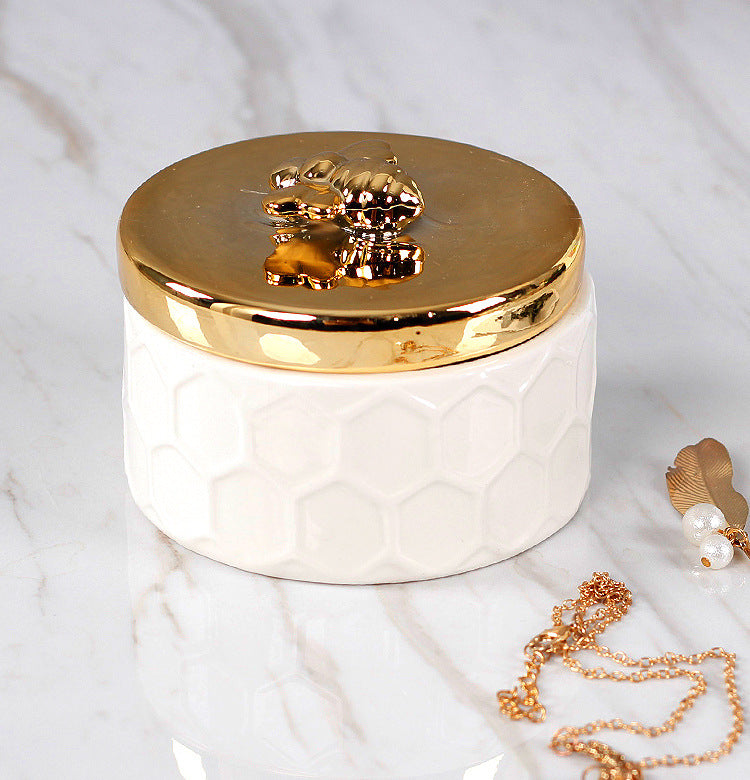 L'Abeille ceramic jar with gold-tone bee lid