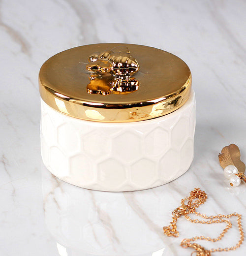 L'Abeille ceramic jar with gold-tone bee lid