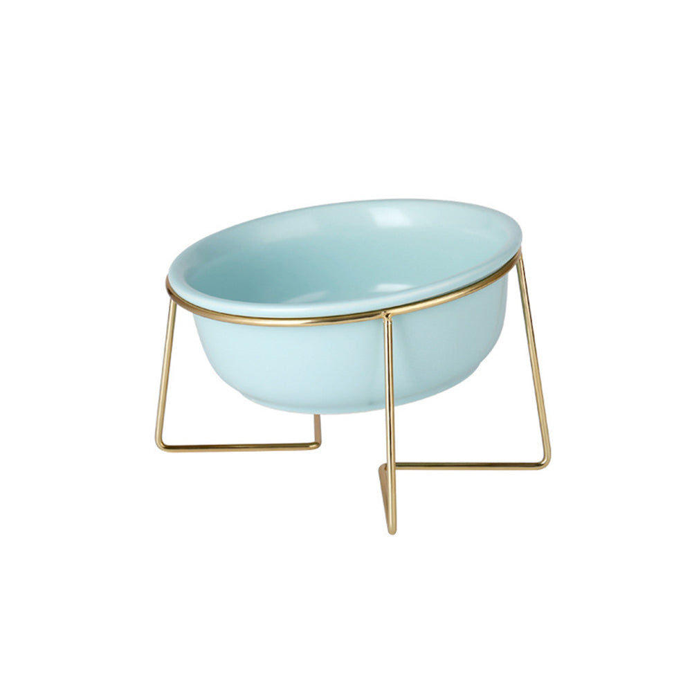 Sky blue tilted ceramic cat bowl on a gold stand