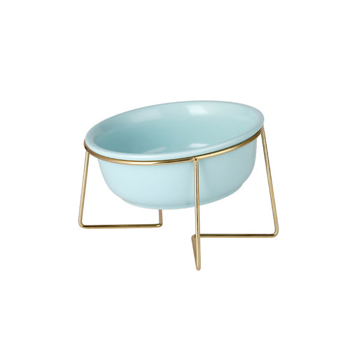 Sky blue tilted ceramic cat bowl on a gold stand